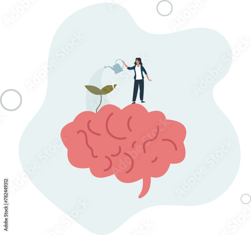 brain motivation or challenge to achieve goal, learning concept, watering growth seedling.flat vector illustration.