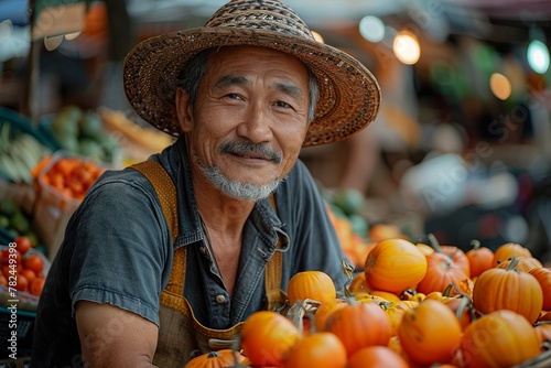 A man in a sun hat smile while selling tomatoes at a greengrocer