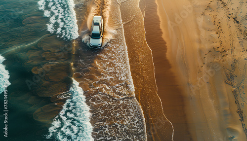 car rides on the sand of a sea beach, top view