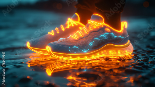 Visualize the thrill of speed with neon-colored trails behind sports shoes in motion