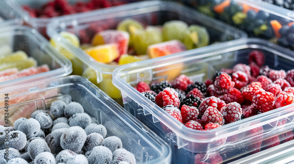 Frozen berries and healthy vegetables are stored in reusable box containers on freezer shelves of refrigerator at home Frozen berries and healthy vegetables are stored in reusable box containers on freezer shelves of refrigerator at home