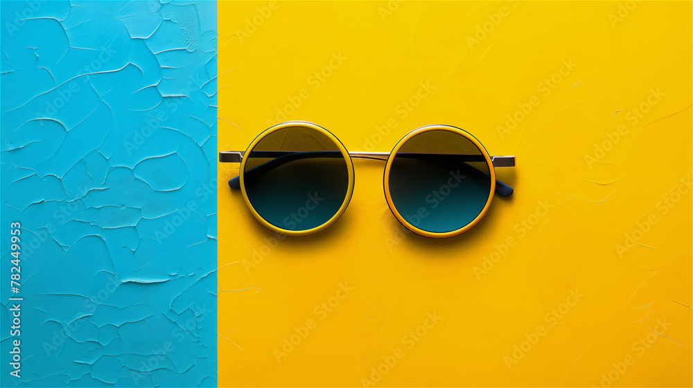 Sunglasses on the yellow and blue minimalist background.