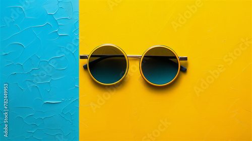 Sunglasses on the yellow and blue minimalist background.