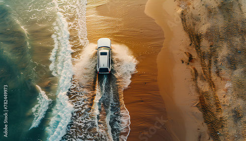 car rides on the sand of a sea beach, top view