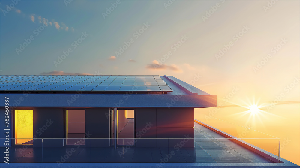 Sunset over the roof of house with photovoltaic panels.