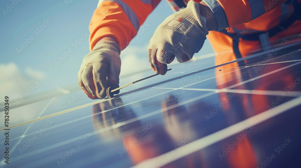 Close-up of the hands of a man installing photovoltaic panels.