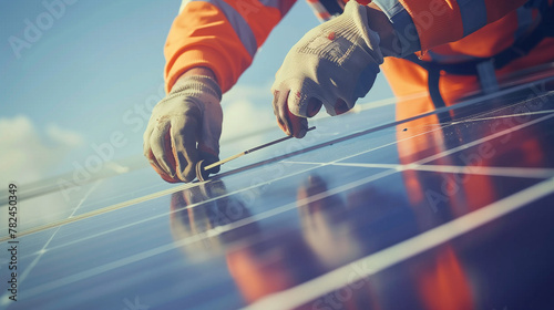 Obraz na płótnie Close-up of the hands of a man installing photovoltaic panels. w salonie