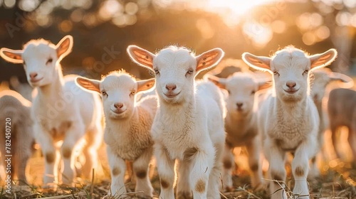  A herd of sheep aligned next to one another on a green field under the sun's radiance
