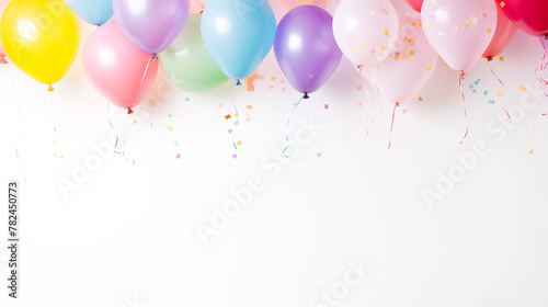 various pretty pastel tones of birthday balloons with confetti image frame on the white background, a edge of image, on the white background