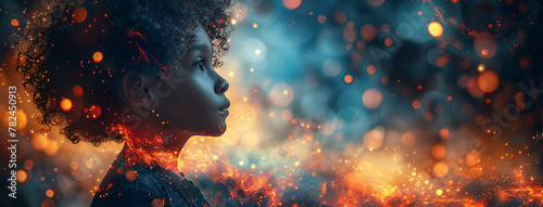 closeup side view face of a kid looking and thinking at a dreamy background with copy space 