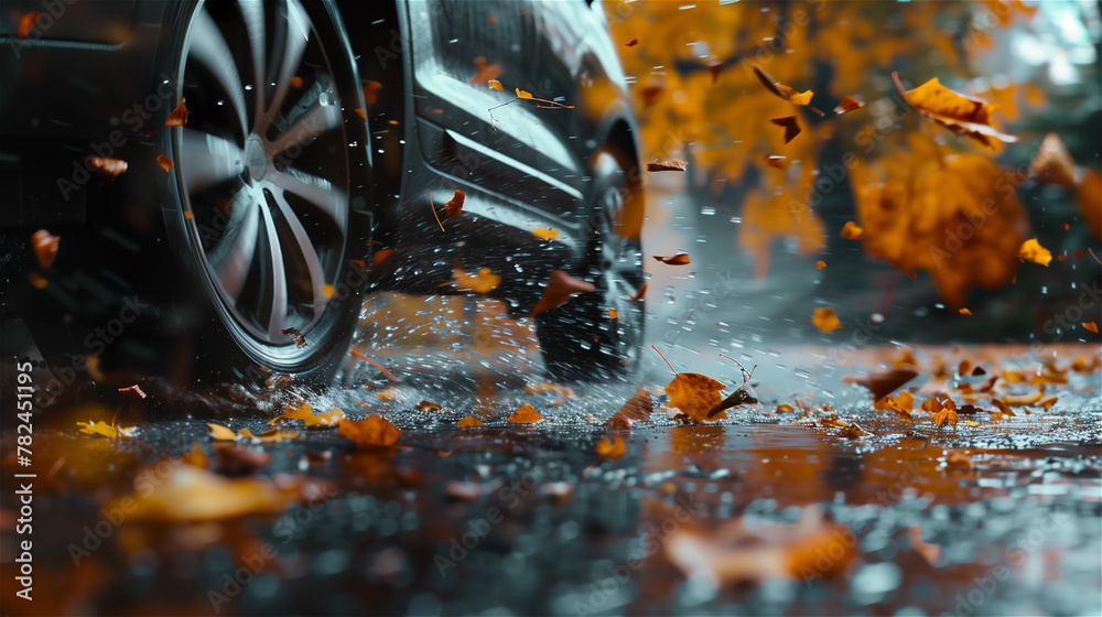 A close-up of the wheel of a car driving on a muddy autumn road full of falling leaves.