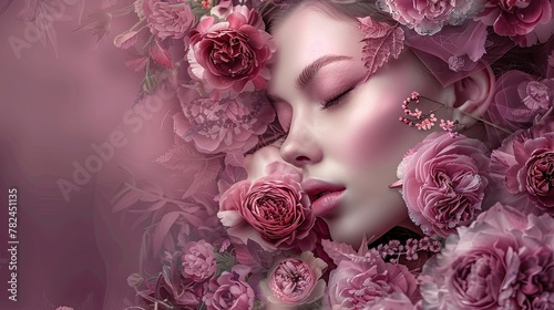 Serene Woman Surrounded by Blooming Roses and Petals Generative AI