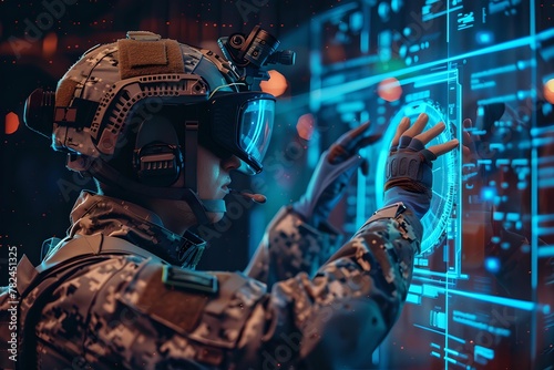 Soldier interacting with a futuristic digital interface. Holographic HUD, GUI. Future technology. Virtual reality and augmented reality, VR / AR. Armed forces concept. 