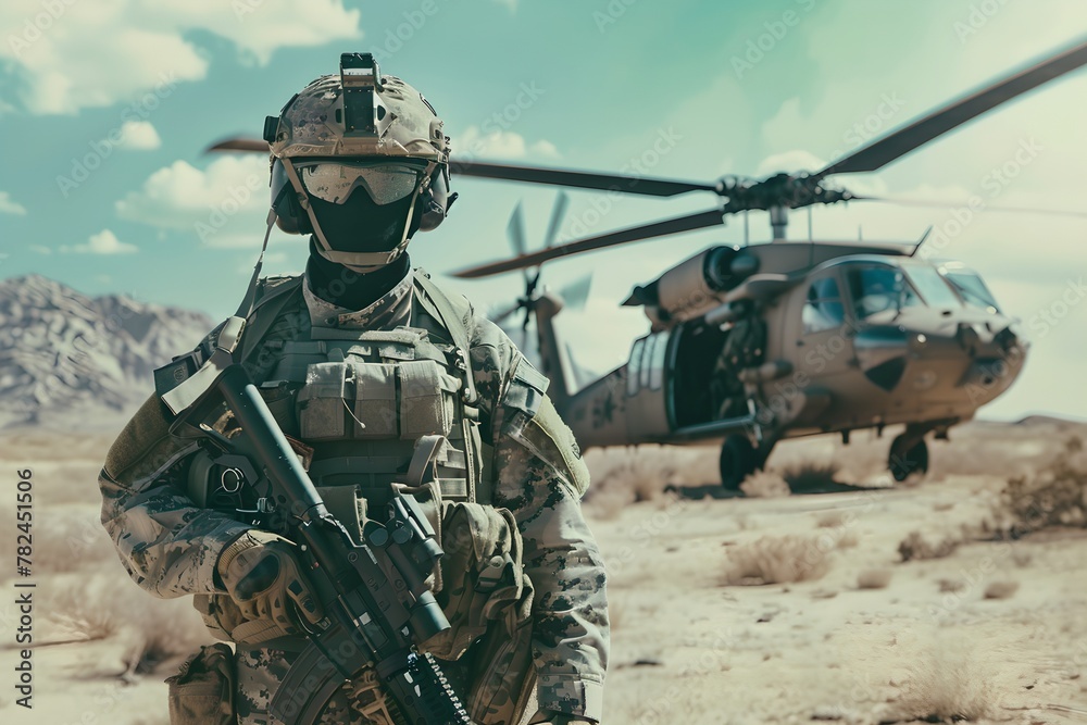 Soldier in front of a helicopter in the desert. Armed forces concept. War operation, military conflict, modern warfare. Design for banner, poster 