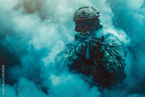 Soldier moving through smoke. Tactical unit. Special forses, SWAT. Police operation, the fight against terrorism concept. Design for wallpaper, poster photo