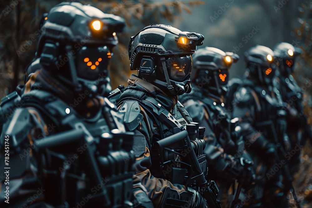 Team of futuristic soldiers in the woods. Combat team in future gear on an operation. Armed forces concept. Special operation, modern warfare Team of futuristic soldiers in the woods. Combat team in future gear on an operation. Armed forces concept. Special operation, modern warfare