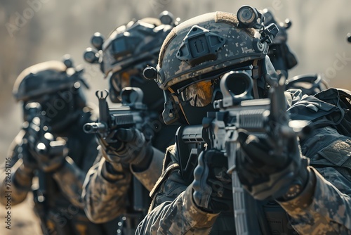 Soldiers in combat advancing through dust and smoke. Armed forces concept. War operation, military conflict, modern warfare. Close-up shot © dreamdes