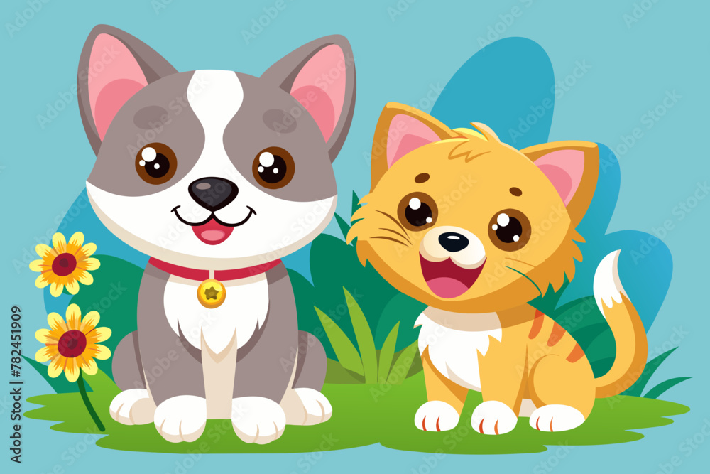 Puppy and Kitty with flower are smiling Puppy and Kitty with flower are smiling