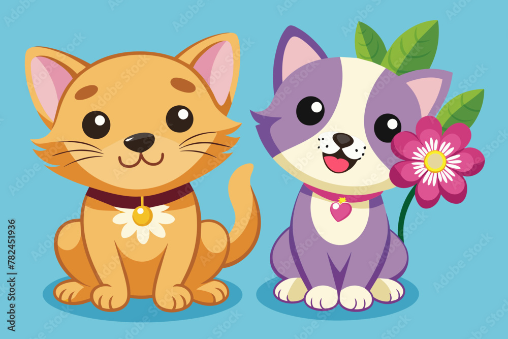 Puppy and Kitty with flower are smiling Puppy and Kitty with flower are smiling