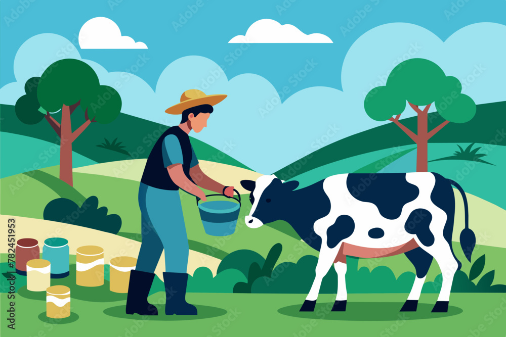 Cow milk collection a person silhouette vector style Cow milk collection a person silhouette vector style