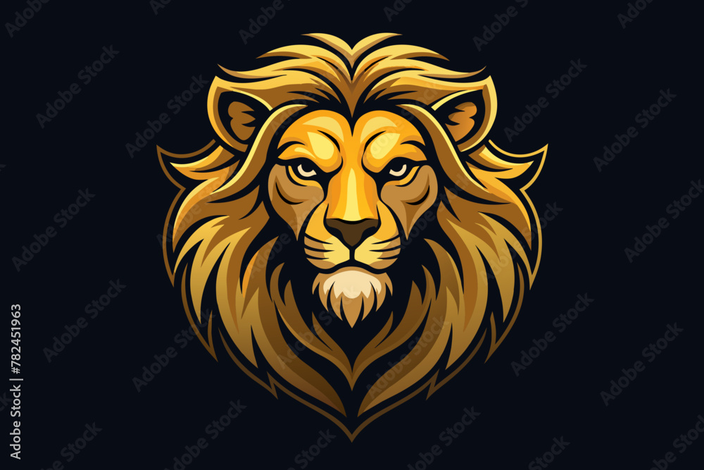 stylized golden lion head emblem with intricately detailed mane with beard