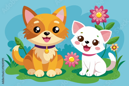 Puppy and Kitty with flower are smiling
