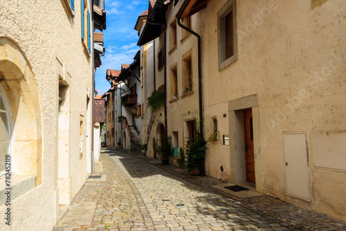 Narrow street in Ligerz town  canton of Bern  Switzerland