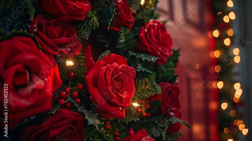 An outdoor Christmas wreath  beautifully lit and decorated with roses  spreads festive cheer in the evening light.