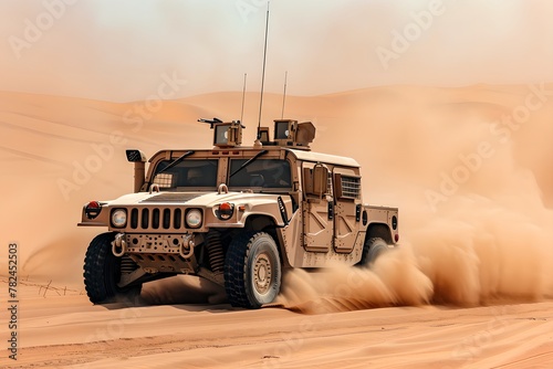 Armored military vehicle driving through the desert. Armed forces concept. War operation, military conflict, modern warfare. Design for banner, poster