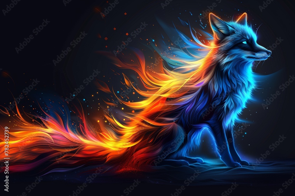 Obraz premium A colorful fox sitting on top of a black ground. A magical creature made of fire.