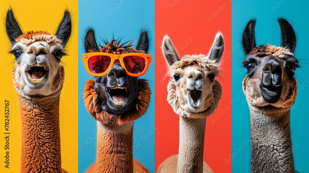 Naklejka premium A group of llamas dons sunglasses, standing before a vibrant, multi-colored wall Their mouths are agape