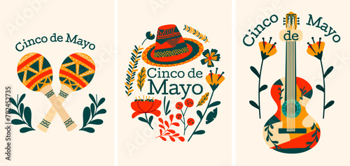 Postcards for the Mexican holiday. Cinco de Mayo Posters. Festive set. Vector illustrations.