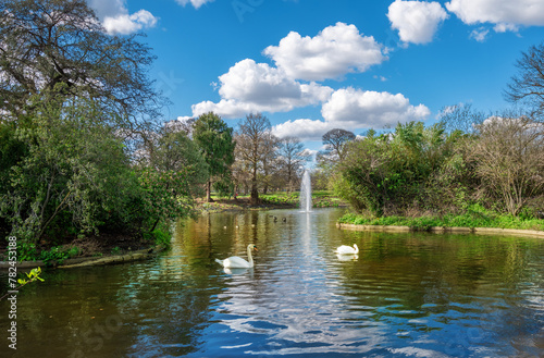 Panorama of the flower garden park pond in the Blackheath village in the spring season in London, Borough of Lewisham, UK © cristianbalate