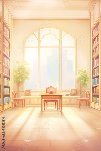Library  Serene library  warm light   shelves of books  cartoon drawing  water color style.