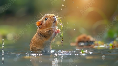  A rodent submerged in water, clutching a plant in its jaws