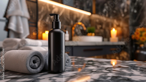 A glossy, black luxury skincare bottle mockup on a marble bathroom counter, with a backdrop of a high-end spa interior, soft towels. 32k, full ultra hd, high resolution