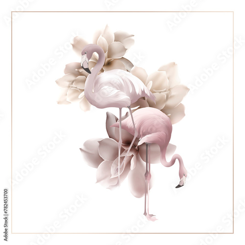 Foto Digital elegant illustration with beautiful pink flamingoes and flowers