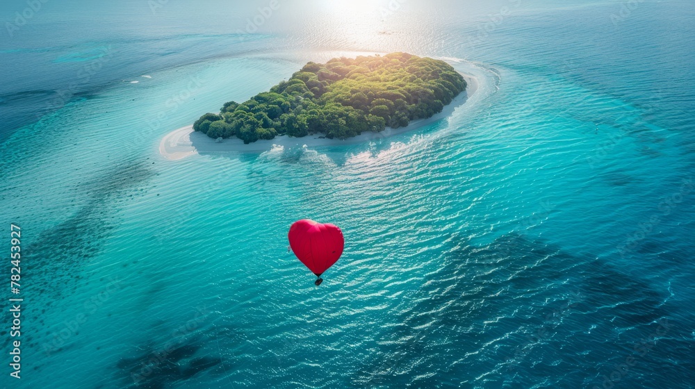 Fototapeta premium A red heart-shaped balloon floats gracefully in the center of a body of water, creating a striking contrast against the calm blue surface.