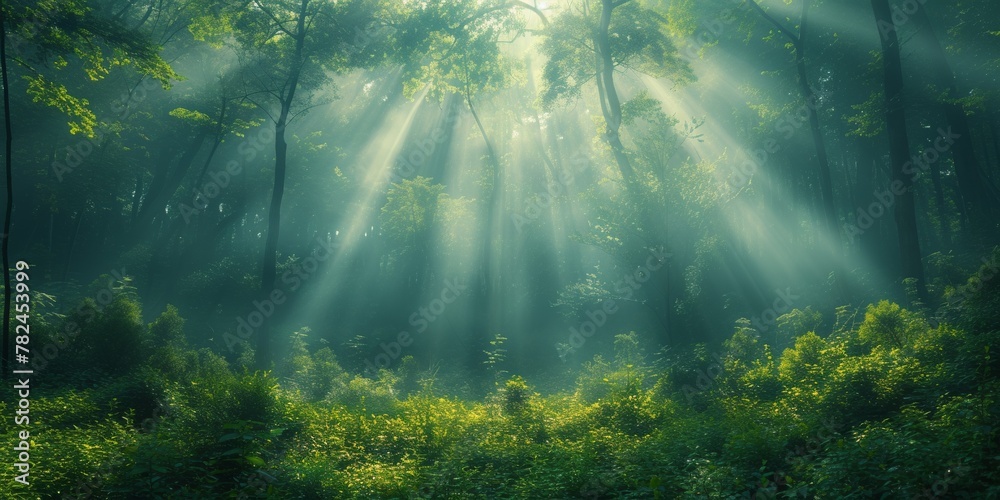 Obraz premium In the forest, sunlight filters through the lush canopy, casting enchanting rays on the tranquil landscape.