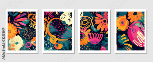set of abstract vector backgrounds featuring tropical leaves. Hand-drawn textures suitable for wall decoration, postcard designs, or brochure covers.