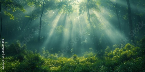 In the forest  sunlight filters through the lush canopy  casting enchanting rays on the tranquil landscape.