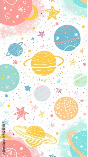 background pattern of planets, satrun, mars, stars, universe backgrounds for kids, vector style, pastel colors 