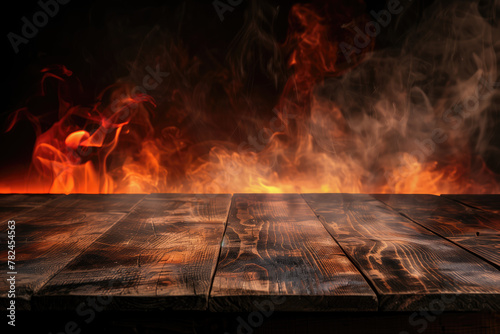 Billowing smoke and intense flames engulf the space above weathered wooden planks, creating a dramatic and fiery tableau.	
