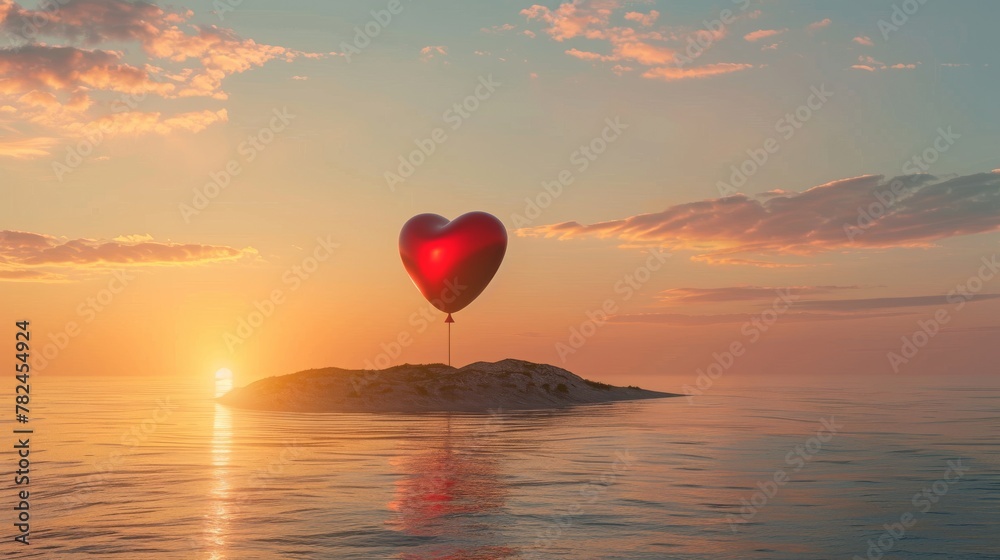 Fototapeta premium A heart-shaped balloon floats gracefully above a body of water, creating a whimsical and romantic scene.