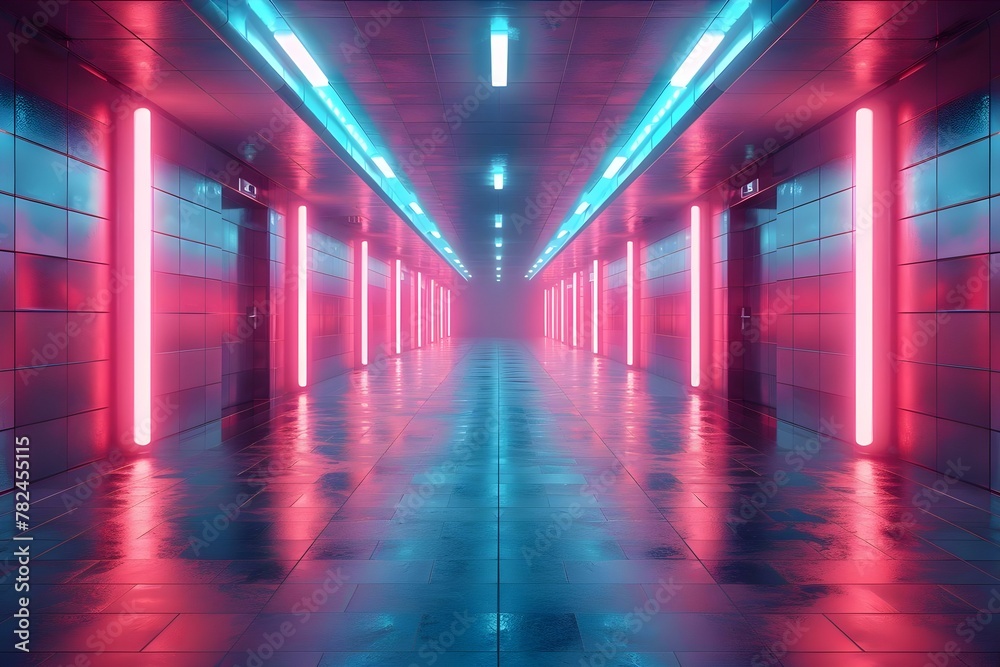 Futuristic Neon Corridor with Cyan and Magenta Lights. Concept Futuristic Technology, Neon Lights, Colorful Design, Modern Architecture, Science Fiction