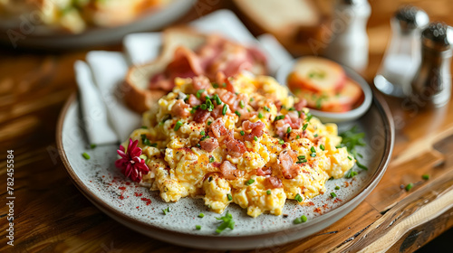 There is a plate of bacon and scrambled eggs on a wooden table. There is also a bowl of strawberries on the table.