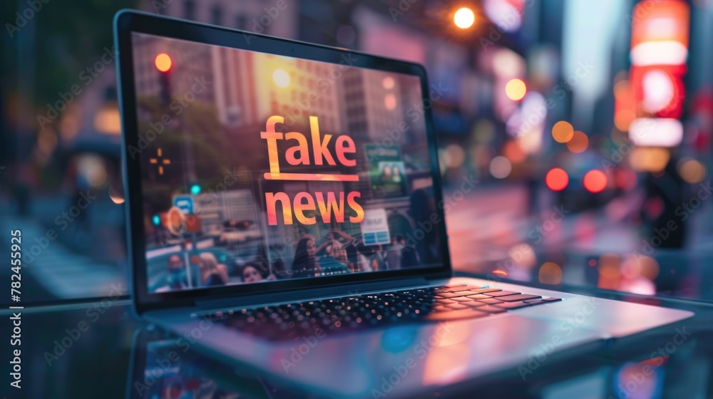 A laptop computer sitting on top of a glass table. Words Fake News on a screen. A laptop computer sitting on top of a glass table. Words Fake News on a screen.
