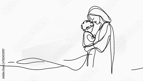  A black continuous line drawing depicting a mother and her toddler in a moment of tender connection wallpaper background