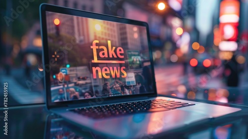 A laptop computer sitting on top of a glass table. Words Fake News on a screen.