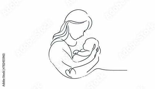 A black continuous line drawing of a new mom mother cradling her baby newborn, set against a pure white background wallpaper